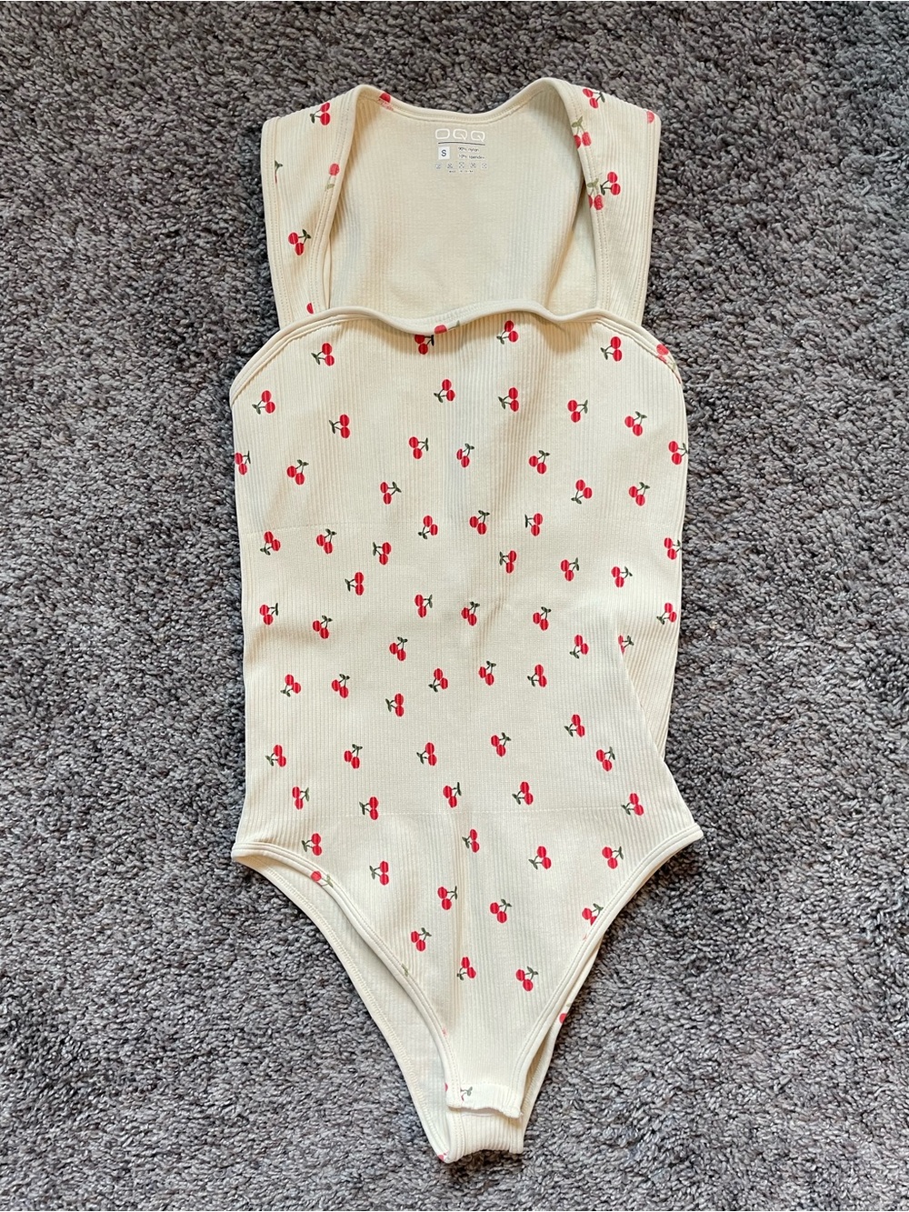 Ribbed Cream Cherry-Print Bodysuit